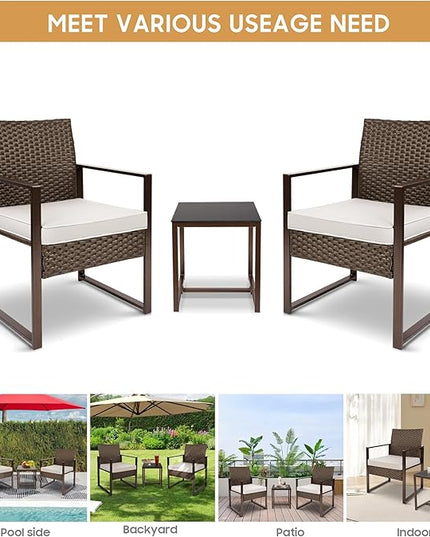 YIYAN Patio Furniture Set 3 Pieces Outdoor Rattan Chair Wicker Sofa Garden Conversation Bistro Sets with Coffee Table,Comfortable Washable Cushions (White) - LeafyLoom