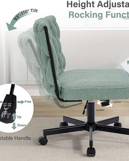 Criss Cross Legged Office Desk Chair with Wheels, Modern Armless Desk Chair with Wide Seat, Home Office Chair for Work, Meditation, Vanity, Green - LeafyLoom