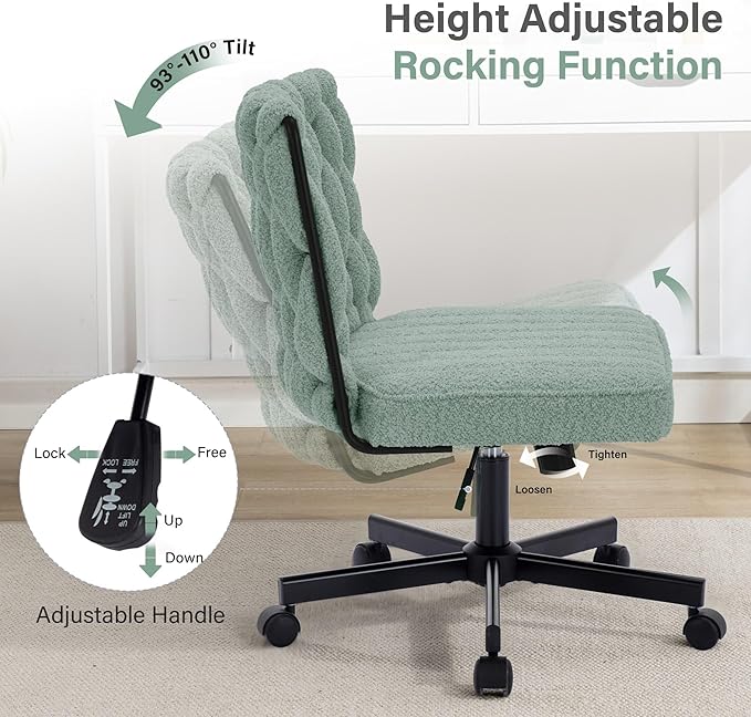 Criss Cross Legged Office Desk Chair with Wheels, Modern Armless Desk Chair with Wide Seat, Home Office Chair for Work, Meditation, Vanity, Green - LeafyLoom