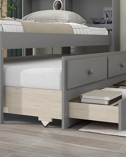 Platform Bed Twin Size with Bookcase Headboard, Trundle and 3 Drawers, Wooden Storage Bedframe for Kids Teens Adults Bedroom - LeafyLoom
