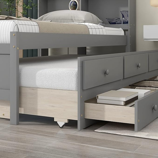 Platform Bed Twin Size with Bookcase Headboard, Trundle and 3 Drawers, Wooden Storage Bedframe for Kids Teens Adults Bedroom - LeafyLoom