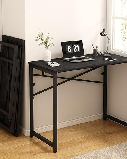 39 Inch Foldable Computer Desk, Folding Space-Saving Home Office Table, Study Writing Gaming Workstation for Small Space, No Assembly Needed,Black - LeafyLoom