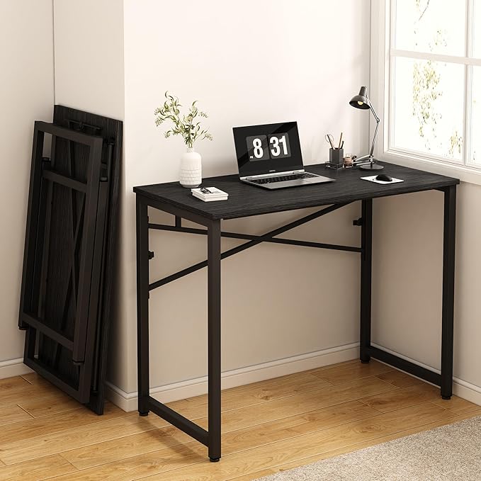 39 Inch Foldable Computer Desk, Folding Space-Saving Home Office Table, Study Writing Gaming Workstation for Small Space, No Assembly Needed,Black - LeafyLoom
