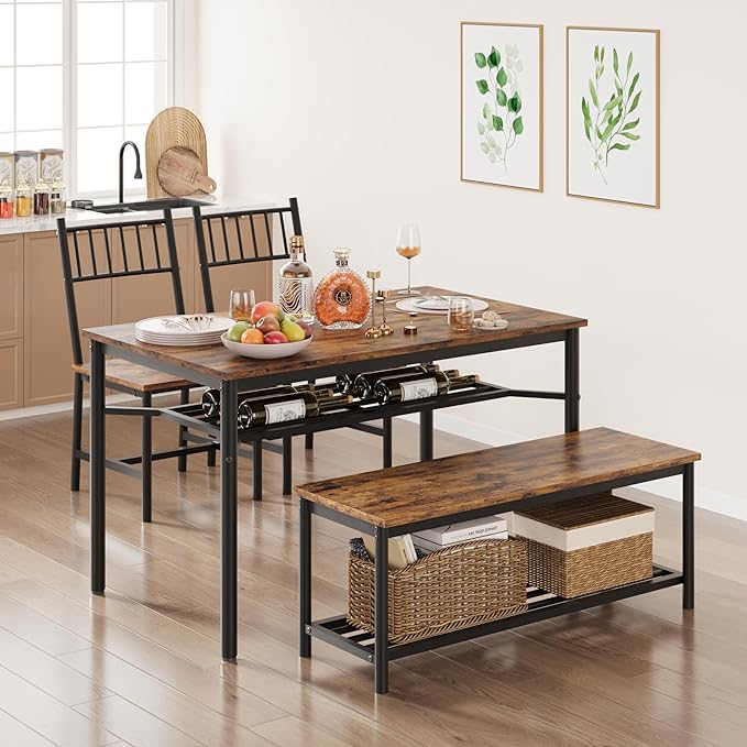 Dining Table Set for 4, Kitchen Table and Chairs for 4 with Wine Rack, Rectangular Dining Room Table Set with Bench, 4 Piece Dining Table Set for Small Space, Apartment, Retro Brown - LeafyLoom