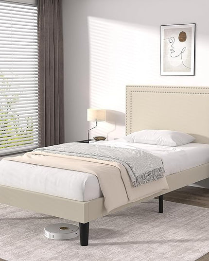 VECELO Twin Size Platform Bed Frame with Height Adjustable Upholstered Headboard, Modern Mattress Foundation,Strong Wood Slat Support, No Box Spring Needed, Easy Assembly - LeafyLoom