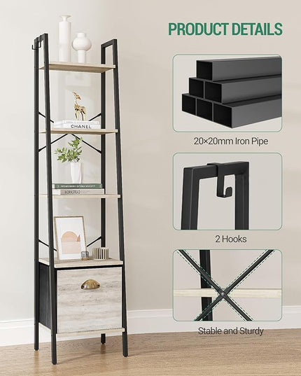 Narrow Bookshelf Bookcase with Drawer, Ladder Shelf with 2 Hooks, Bookshelves Storage Organizer, Freestanding Display Standing for Home Office, Bedroom, 5 Tier Greige BC19505B - LeafyLoom