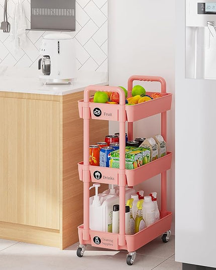 3-Tier Storage Cart,Multifunction Utility Rolling Cart Kitchen Storage Organizer,Mobile Shelving Unit Cart with Lockable Wheels for Bathroom,Laundry,with Classified Stickers,Pink - LeafyLoom