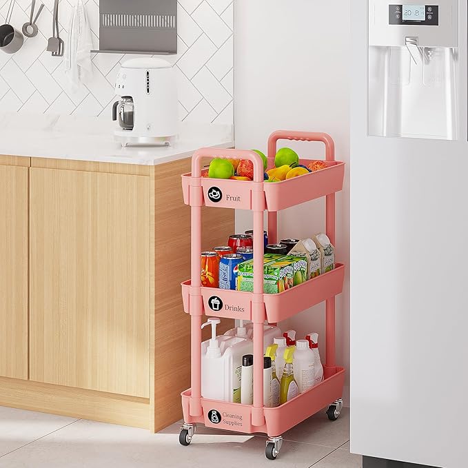 3-Tier Storage Cart,Multifunction Utility Rolling Cart Kitchen Storage Organizer,Mobile Shelving Unit Cart with Lockable Wheels for Bathroom,Laundry,with Classified Stickers,Pink - LeafyLoom