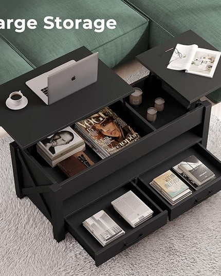 Seventable Coffee Table, 47.2" Lift Top Coffee Table with 2 Storage Drawers and Hidden Compartment, X Wood Farmhouse Support, Retro Center Table with Lift Tabletop for Living Room,Black - LeafyLoom