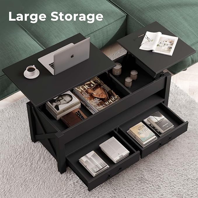 Seventable Coffee Table, 47.2" Lift Top Coffee Table with 2 Storage Drawers and Hidden Compartment, X Wood Farmhouse Support, Retro Center Table with Lift Tabletop for Living Room,Black - LeafyLoom
