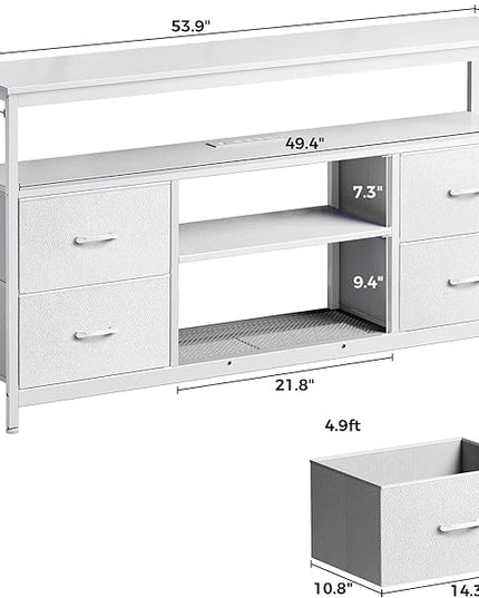 TV Stand Dresser with Power Outlets and LED Lights, 4 Drawers Entertainment Center with Shelves, 54 Inch Media Console for 55 60 Inch TV, 4 AC Outlets, 2 USBs, Dresser with PU Finish, White - LeafyLoom