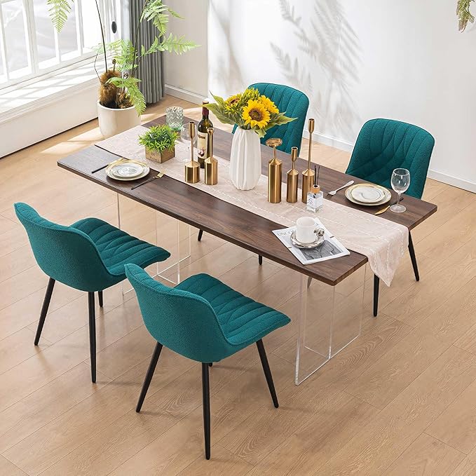 Velvet Dining Chairs Set of 2, Boucle Upholstered Dining Room Chairs with Curved Backrest for Kitchen Living Room Dining Room, Peacock Green - LeafyLoom
