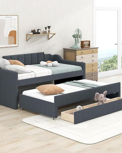 Merax Linen Upholstered Daybed Three Storage Size Wooden Sofa Bed Frame with Backrest and Both Side Armrests for Living, Guest Room, Apartments, Office, Twin with Trundle and Drawers, Grey - LeafyLoom