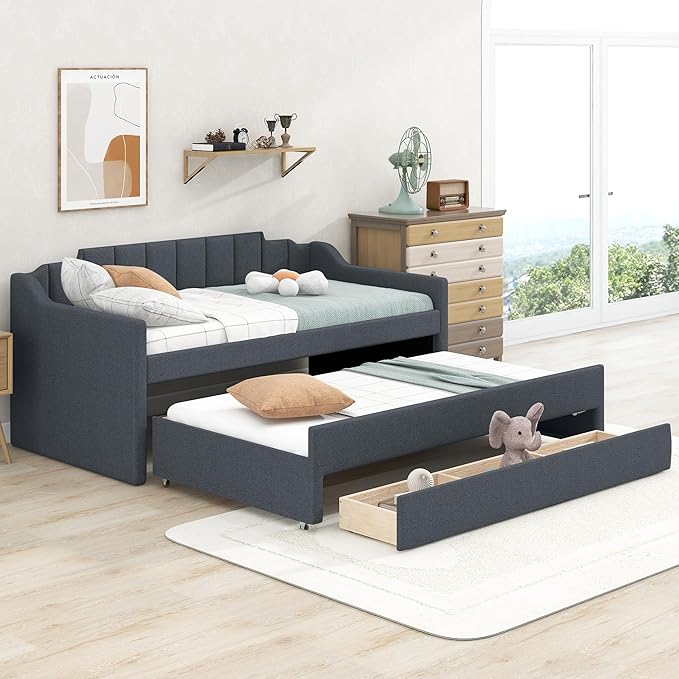 Merax Linen Upholstered Daybed Three Storage Size Wooden Sofa Bed Frame with Backrest and Both Side Armrests for Living, Guest Room, Apartments, Office, Twin with Trundle and Drawers, Grey - LeafyLoom
