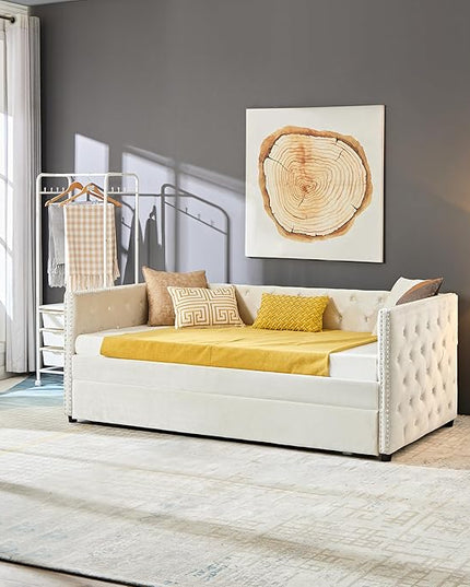 Twin Size Velvet Upholstered Daybed with Twin Trundle, Solid Wood Sofa Bed w/Button Tufted Backrest, for Living Room, Bedroom, Dorm, No Box Spring Needed, Space-Saving Design, Beige - LeafyLoom