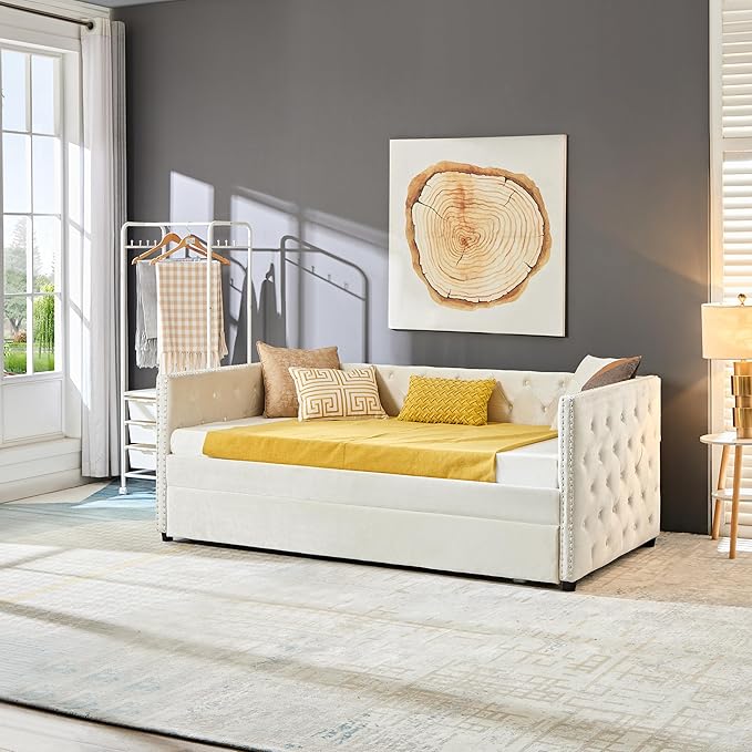 Twin Size Velvet Upholstered Daybed with Twin Trundle, Solid Wood Sofa Bed w/Button Tufted Backrest, for Living Room, Bedroom, Dorm, No Box Spring Needed, Space-Saving Design, Beige - LeafyLoom