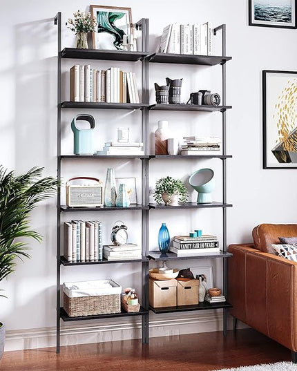 ODK 6-Tier Ladder Shelf, 87 Inches Wall Mounted Ladder Bookshelf with Metal Frame, Open Industrial Shelves for Home Office, Bedroom and Living Room, Black - LeafyLoom