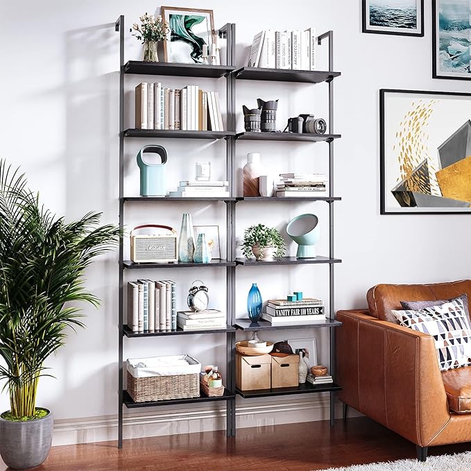 ODK 6-Tier Ladder Shelf, 87 Inches Wall Mounted Ladder Bookshelf with Metal Frame, Open Industrial Shelves for Home Office, Bedroom and Living Room, Black - LeafyLoom