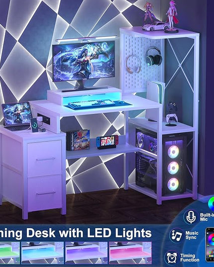Small Gaming Desk with 2 Fabric Drawers - Reversible Computer Desk with Power Outlet & LED Lights, 49" Office Desk with Monitor Stand & Storage Shelves, Writing Study Table with Pegboard, White - LeafyLoom