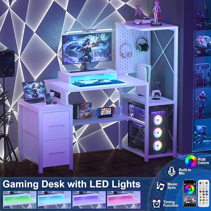 Small Gaming Desk with 2 Fabric Drawers - Reversible Computer Desk with Power Outlet & LED Lights, 49" Office Desk with Monitor Stand & Storage Shelves, Writing Study Table with Pegboard, White - LeafyLoom