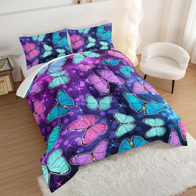 HOSIMA Butterfly Comforter Set with 2 Pillowcases,Glitter Purple Blue Butterfly Printed Bedding Set Full Size Bed in a Bag Set,Starry Sky Galaxy Comforter Butterfly Room Decor Aesthetics. - LeafyLoom