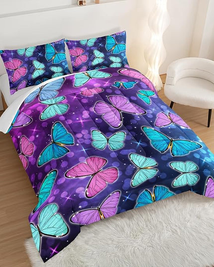 HOSIMA Butterfly Comforter Set with 2 Pillowcases,Glitter Purple Blue Butterfly Printed Bedding King Size Comforter Set for Adults Kids,Starry Sky Galaxy Comforter Butterfly Room Decor Aesthetics. - LeafyLoom