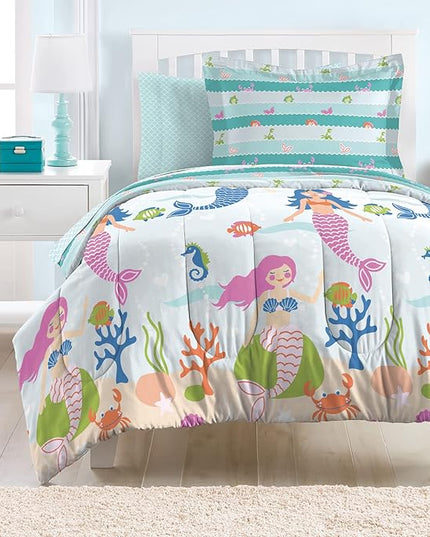 dream FACTORY Kids 5-Piece Complete Set Easy-Wash Super Soft Microfiber Comforter Bedding, Twin, Light Blue Mermaid Dreams - LeafyLoom