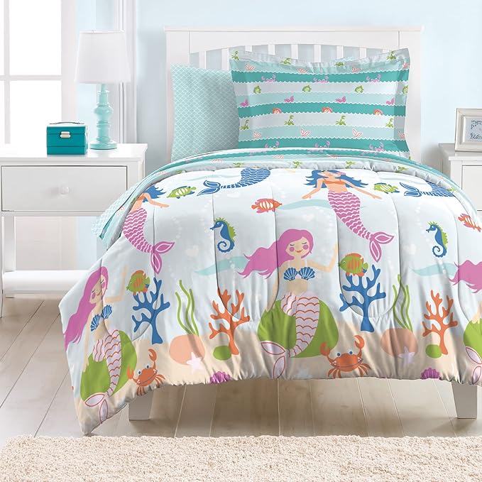 dream FACTORY Kids 5-Piece Complete Set Easy-Wash Super Soft Microfiber Comforter Bedding, Twin, Light Blue Mermaid Dreams - LeafyLoom