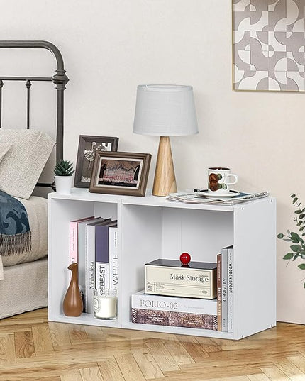 YAHARBO 2 Cube Bookshelf, White Record Player Stand with Vinyl Storage Up to 100 Albums, Horizontal Low Book Shelf, Mini Bookcase with Storage Organizer, Small Turntable Stand for Living Room, Bedroom - LeafyLoom