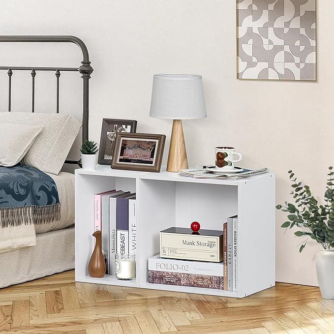 YAHARBO 2 Cube Bookshelf, White Record Player Stand with Vinyl Storage Up to 100 Albums, Horizontal Low Book Shelf, Mini Bookcase with Storage Organizer, Small Turntable Stand for Living Room, Bedroom - LeafyLoom