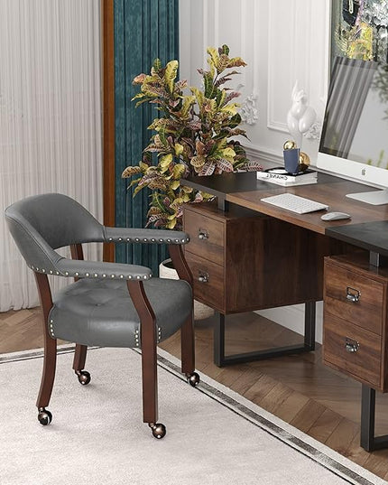 Dining Chairs with Casters and Arms, Large Rolling Dining Chairs with Wheels, Accent Wood Boss Caption's Chairs, 26" D x 25.2" W x 31.5" H, Cherry Legs & Dark Grey Fabric SY-1533-GY - LeafyLoom