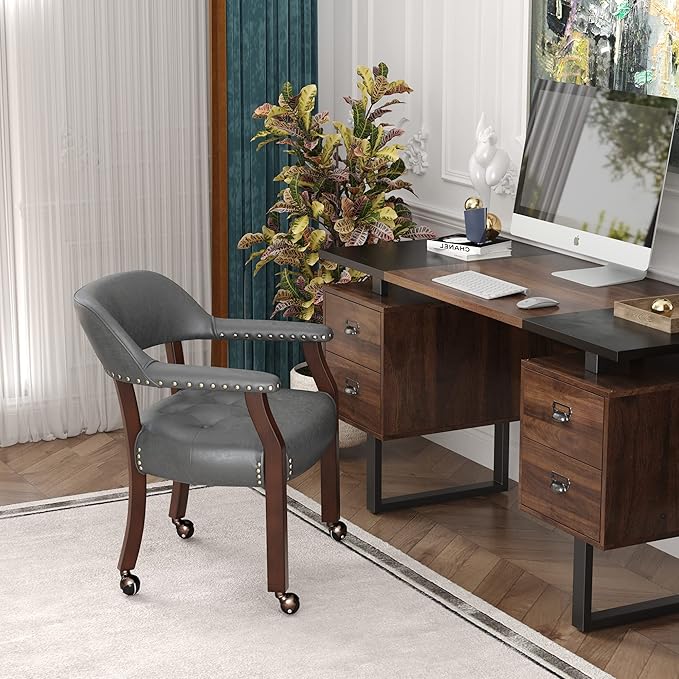 Dining Chairs with Casters and Arms, Large Rolling Dining Chairs with Wheels, Accent Wood Boss Caption's Chairs, 26" D x 25.2" W x 31.5" H, Cherry Legs & Dark Grey Fabric SY-1533-GY - LeafyLoom