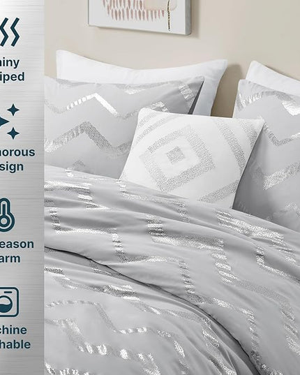 Codi Grey Queen Comforter Set, Silver Print Bedding Sets for Queen Size Bed - 4 Piece includes 1 Queen/Full Comforter with 1 Decorative Pillow and 2 Pillow Cases - All Season Warm - LeafyLoom