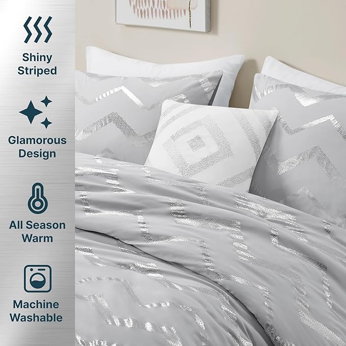 Codi Grey Queen Comforter Set, Silver Print Bedding Sets for Queen Size Bed - 4 Piece includes 1 Queen/Full Comforter with 1 Decorative Pillow and 2 Pillow Cases - All Season Warm - LeafyLoom