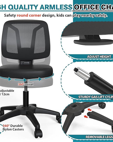 Armless Office Chair Ergonomic Swivel Small Computer Desk Chairs No Armrests with Wheels Adjustable Height Black Task Chairs without Arms for Small Spaces - LeafyLoom
