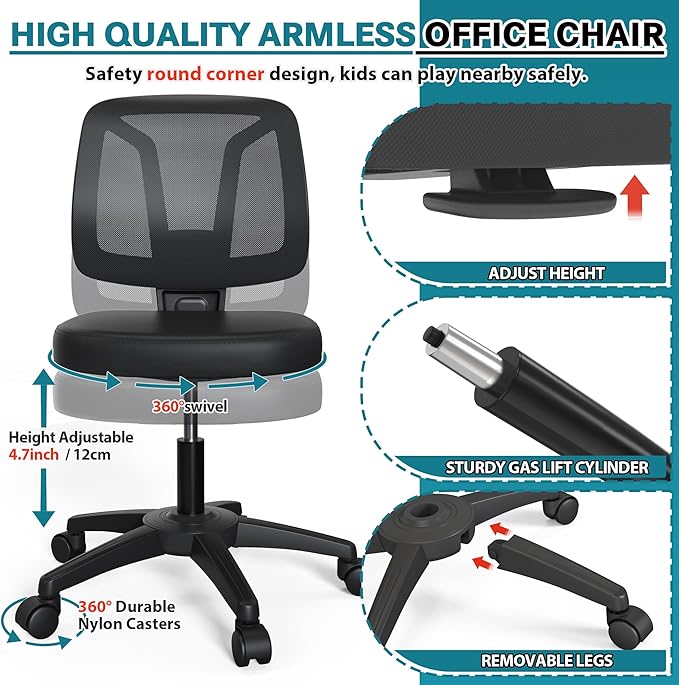 Armless Office Chair Ergonomic Swivel Small Computer Desk Chairs No Armrests with Wheels Adjustable Height Black Task Chairs without Arms for Small Spaces - LeafyLoom