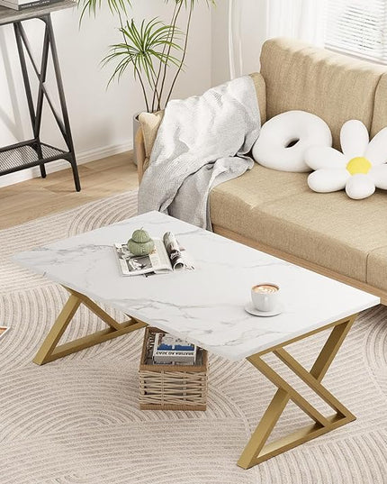 Coffee Table Living Room Table White Center Table, Simple Modern Faux Marble Rectangular Tea Table with Sturdy Gold-Finished Metal Frame,Industrial Wooden Coffee Table for Bedroom Home Office - LeafyLoom