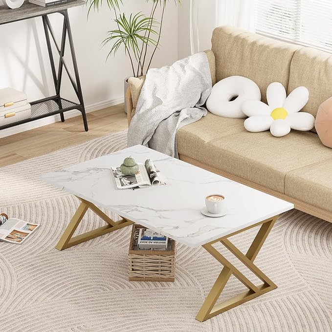 Coffee Table Living Room Table White Center Table, Simple Modern Faux Marble Rectangular Tea Table with Sturdy Gold-Finished Metal Frame,Industrial Wooden Coffee Table for Bedroom Home Office - LeafyLoom