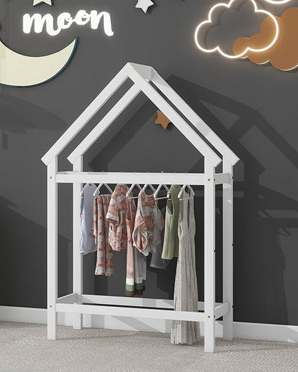 Twin Size Wood House Bed,Wood Platform Bed with Storage Shelves and Hanger,Floor Twin Size Montessori Bed Frame, Kids Boys Girls Bedroom,Living Room,No Box Spring Required,White - LeafyLoom