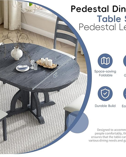 Farmhouse Round Pedestal 15.8" Removable Leaf, Extendable Kitchen w/Ladder Back Chairs, for Small Places, Room, 5 Piece Dining Table Set, Black 4 - LeafyLoom