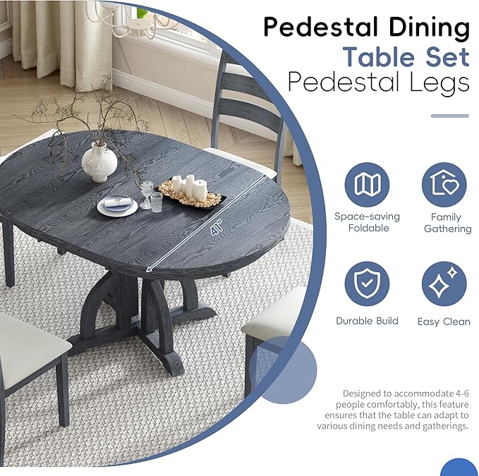 Farmhouse Round Pedestal 15.8" Removable Leaf, Extendable Kitchen w/Ladder Back Chairs, for Small Places, Room, 5 Piece Dining Table Set, Black 4 - LeafyLoom