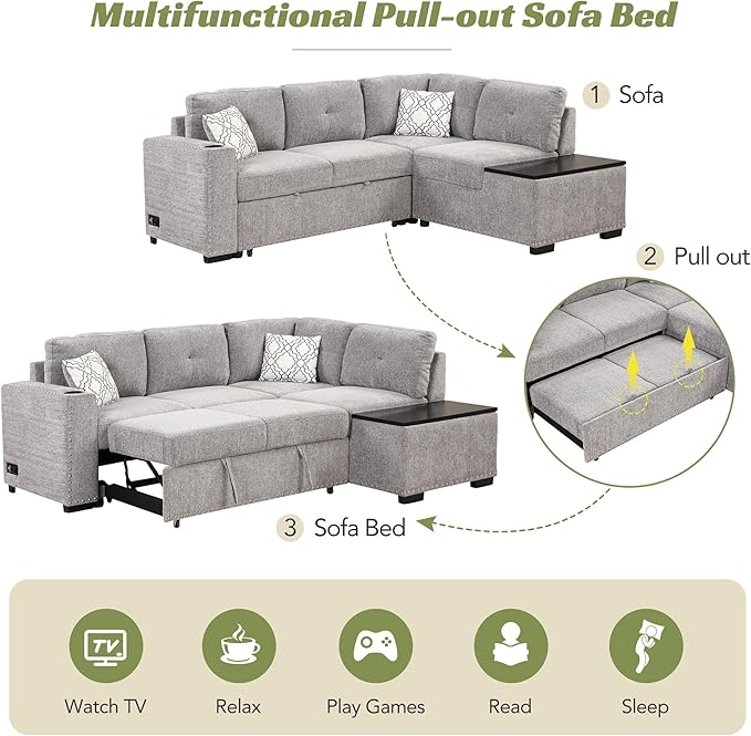 83.8“ L-Shape Sectional Sleeper Sofa with Pull out Bed and Storage Chaise, Chenille Upholstered Couch w/Cup Holder&USB Charge, for Living Room Apartment, 83.8 Inch, Light Gray - LeafyLoom