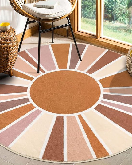 Topotdor Sun Rainbow Round Rug 4ft Boho Kids Nursery Rug, Colorful Washable Area Rug Ultra Soft Circle Classroom Rug Non-Slip for Bedroom Living Room Playroom Decor, Orange - LeafyLoom