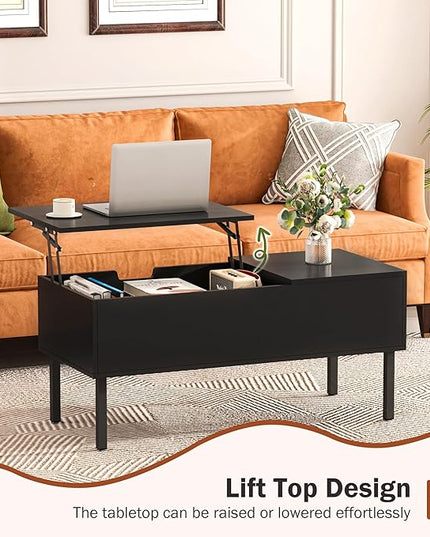 Lift Top Coffee Table with Storage, Black Modern Coffee Table for Living Room & Small Space, Wood Lifting Top Coffee Table with Adjustable Metal Legs - LeafyLoom