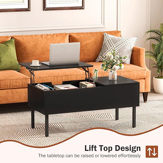 Lift Top Coffee Table with Storage, Black Modern Coffee Table for Living Room & Small Space, Wood Lifting Top Coffee Table with Adjustable Metal Legs - LeafyLoom