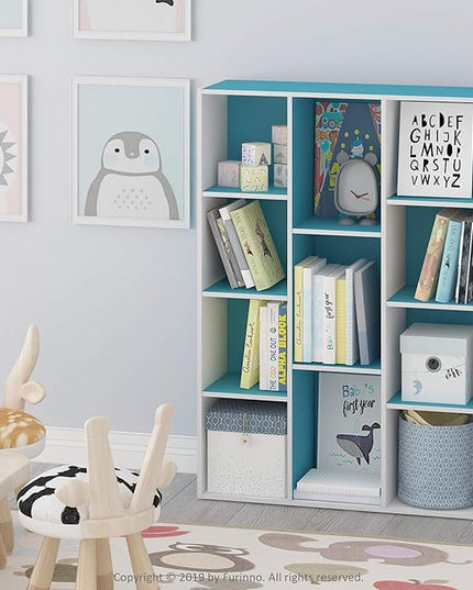 Furinno Luder Bookcase / Book / Storage , 11-Cube, White/Light Blue - LeafyLoom