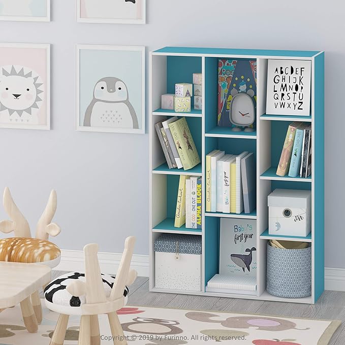 Furinno Luder Bookcase / Book / Storage , 11-Cube, White/Light Blue - LeafyLoom