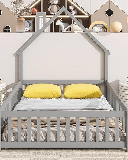 Bellemave Full Size House-Shaped Headboard Floor Bed for Kids, Montessori Floor Bed with Fence and Door,House Bed Twin Frame for Girls,Boys (Gray) - LeafyLoom