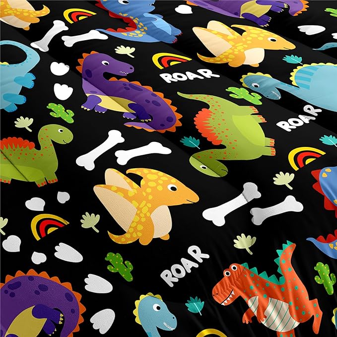 Dinosaur Comforter Set Queen - Cartoon Dinosaur Bedding Boys Comforter Set Soft Breathable Dinosaur Quilt Kids Queen Size Bedding Set for All Season, 1 Comforter 2 Pillowcase - LeafyLoom