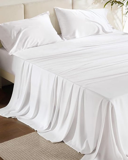 Bedsure King Size Sheet Set, Cooling Sheets King, Rayon Derived from Bamboo, Deep Pocket Up to 16", Breathable & Soft Bed Sheets, Hotel Luxury Silky Bedding Sheets & Pillowcases, White - LeafyLoom
